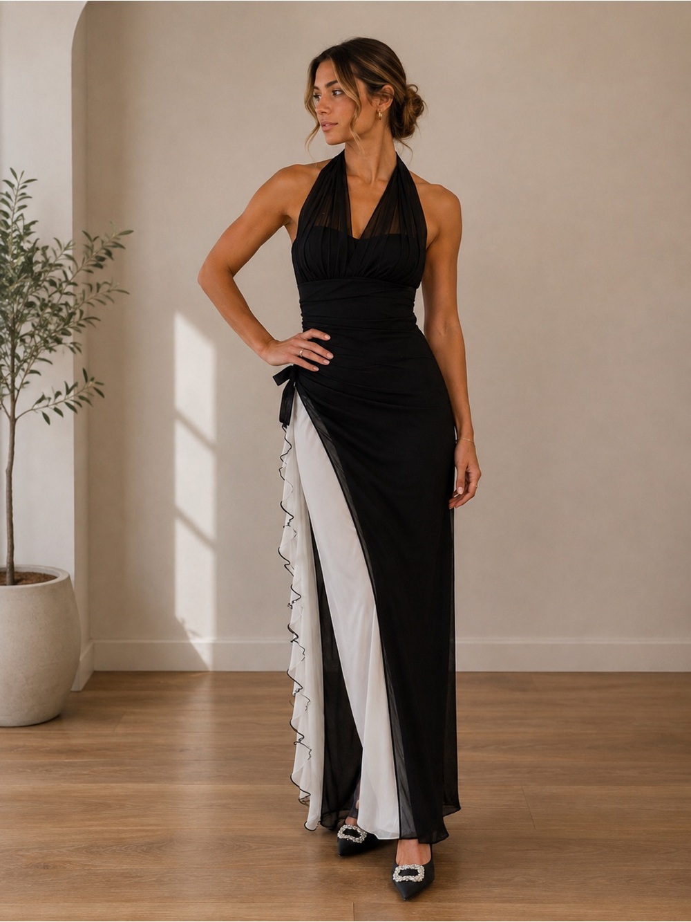 Blondie Nites Black & White Ruffle-Trim Spaghetti Strap Prom Gown